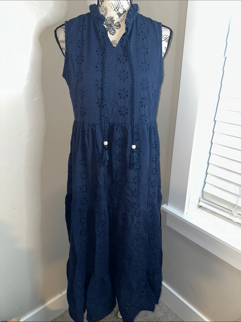 Sweet Magnolia Navy Eyelet Tiered Maxi Dress with Tassel Ties